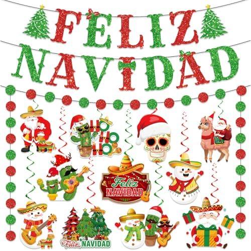 Feliz Navidad Decorations, Mexican Christmas Decorations includes Feliz Navidad Banner and Xmas Decorations Hanging Swirls, Spanish Xmas Mexican Decoration Pack of 2