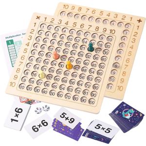 2 in 1 Multiplication Addition Math Board Game for Kids - Wooden Montessori Math Toys for Girls Boys 4 5 6 7 8 9 Years Old Wood Double Sided Board Table Dice Card Games for Family