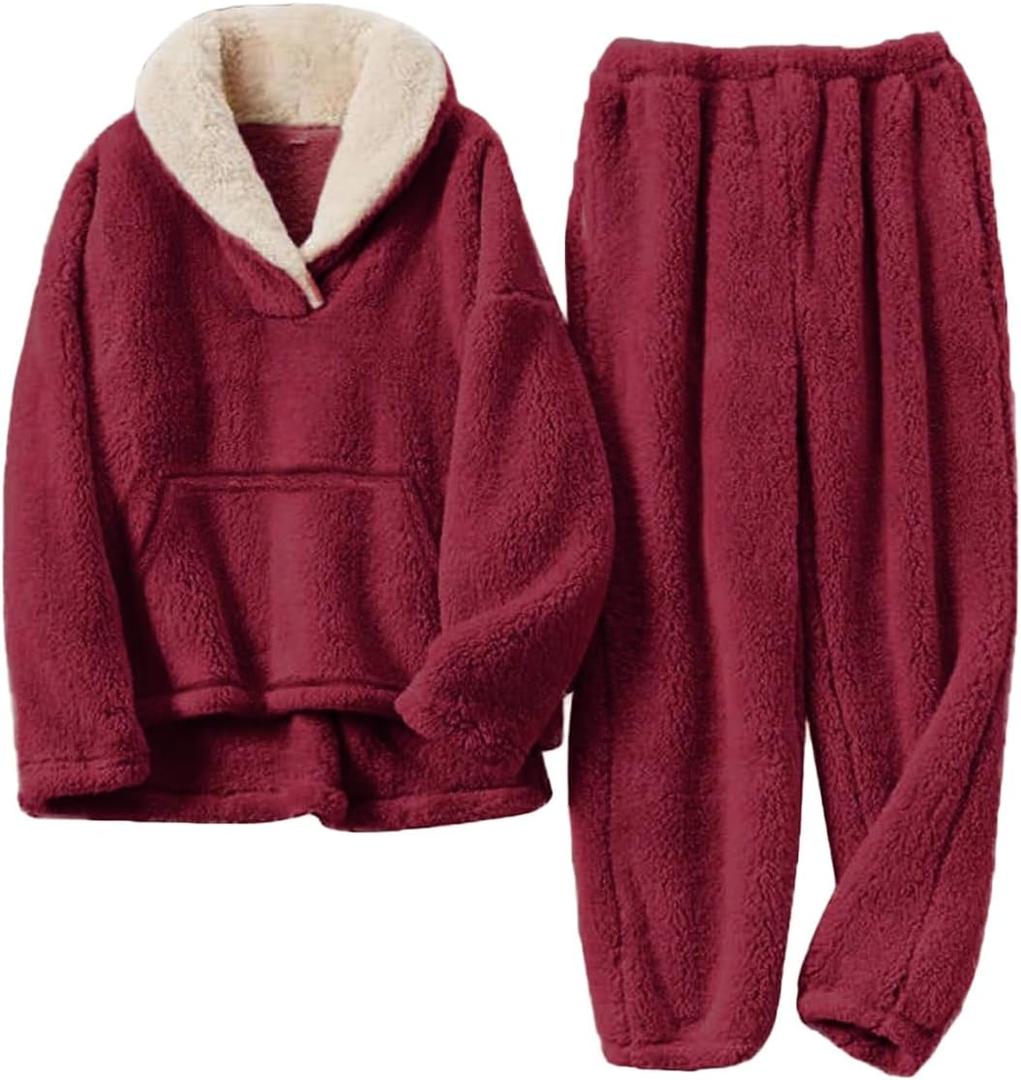 Womens 2 Piece Fluffy Pajama Lounge Set Loose Pullover Pants Sleepwear with Pockets (X-Large, Z-red-pocket)