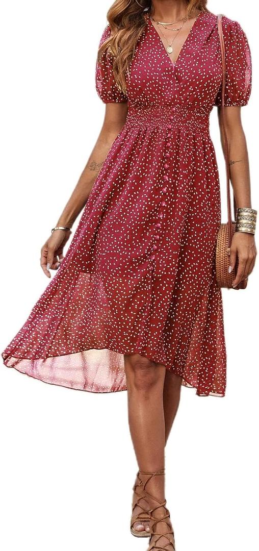 PRETTYGARDEN Women's Floral Wrap V-Neck Midi Dress Short Sleeve Boho Summer Beach Long Dress High Low Hem Smocked Dress Women
