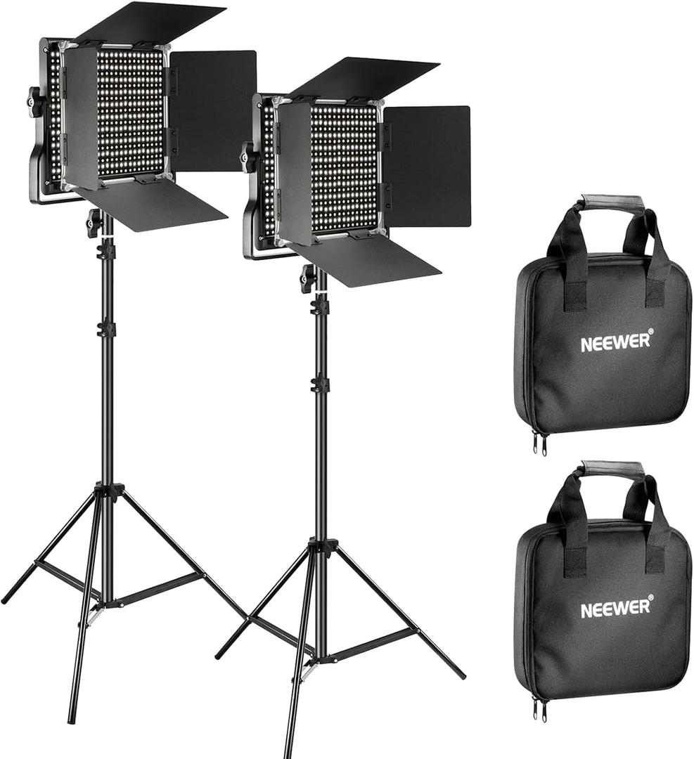 NEEWER 2 Pack Bi Color 660 LED Video Light and Stand Kit: (2) 3200-5600K CRI 96+ Dimmable Light with U Bracket and Barndoor, (2) 75 inches Light Stand for Studio Photography, Video Recording (Black)