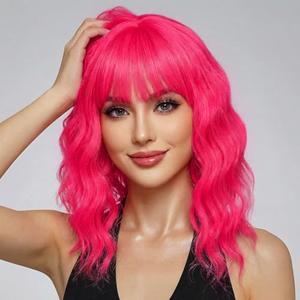 yumtaro Pastel Hot Pink Wavy Bob Wig for Women, Short Shoulder Length Synthetic Wig with Bangs, Matte Natural Realistic Look Lightweight Hairpiece, Hot Pink Color for Gift & Cosplay Costume
