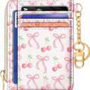 GIANCOMICS Slim Wallet Credit Card Holder Women, Cute Bow Rfid Small Card Case, Keychain Thin Pocket Curved Zipper Wallet, Travel Card Holder PU Leather ID Window, Girly Ladies Female Gifts