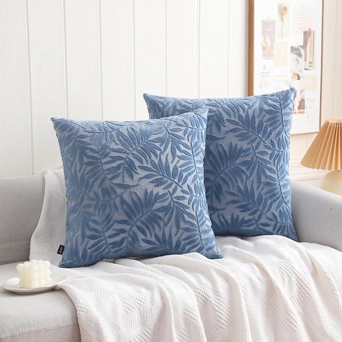 HPUK Leaf Cut Velvet Throw Pillow Covers Pack of 2, 18x18 Inch Accent Cushion Covers for Living Room, Bedroom, Decorative Pillow Covers for Couch, Sofa, Chair, Sapphire