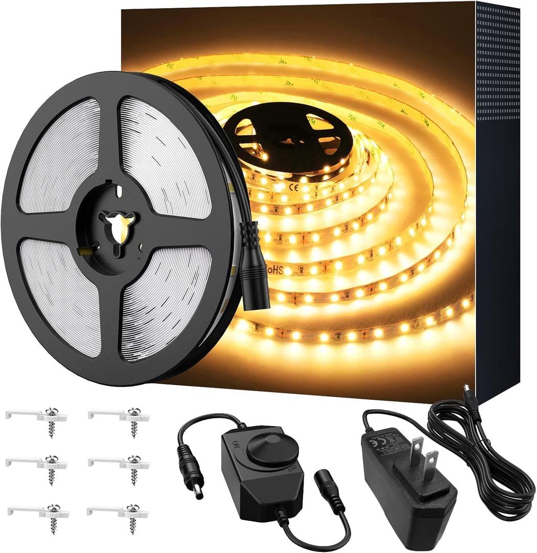 Warm LED Strip Lights,Onforu16.4ft Dimmable Strip Lighting,3000K 5m 12v Tape Light, 2835 LEDs Flexible Warm White Rope Light for Home,Kitchen,Under Cabinet,Bedroom, Christmas Decor, Non-Waterproof