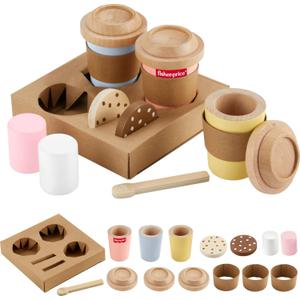 Fisher-Price Wood Pretend Play Toy Coffee to Go Caf Set, 15-Piece Wooden Playset with Cups & Food for Preschool Kids Ages 3+ Years