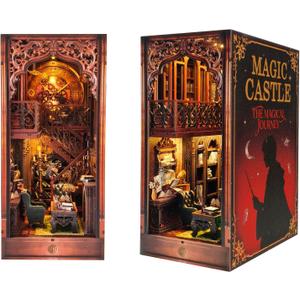OZJAY Book Nook Kit, 3D Wooden Puzzle for Adults, DIY Miniature House Kit for Bookshelf, 250+ Pieces, Craft Kits for Family Friends Birthday Christmas, Magic Castle Bookstore with LED Lights