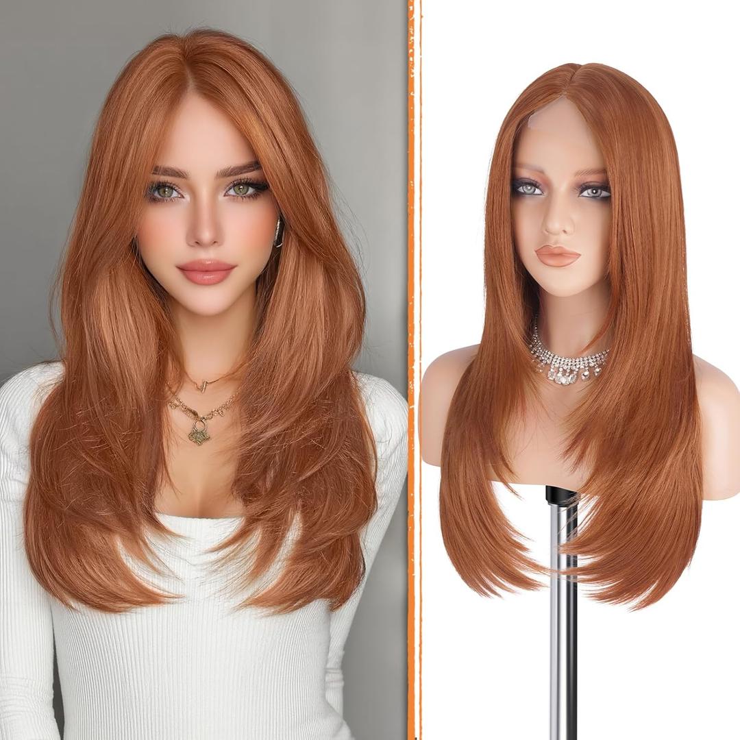 Haloo Copper Wig with Curtain Bangs - Lace Front Hairline Middle Part Long Layered Natural Looking Straight Synthetic Hair Wigs for Women Daily Party, 24 Inch Copper Red