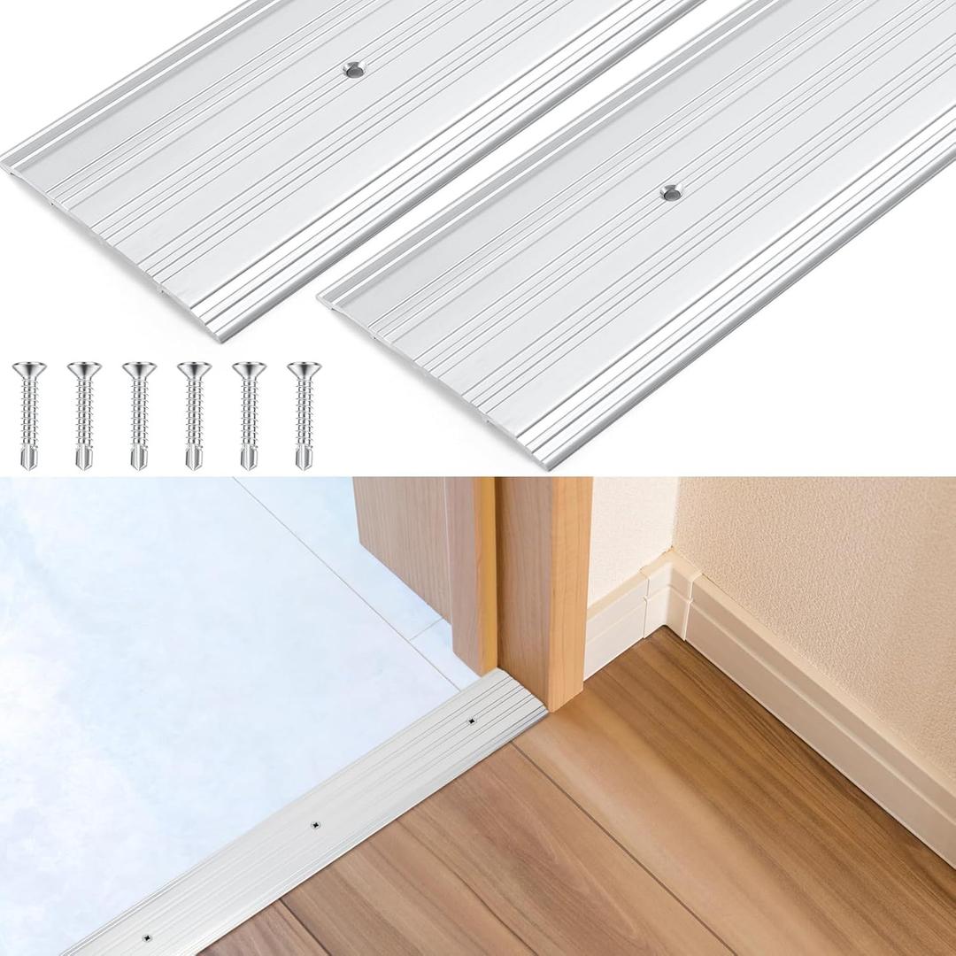 Tandefio 2 Pcs 5" x 1/4" x 72" Aluminum Door Saddle Threshold Commercial Flat-Profile Fluted for Interior Exterior Doorway Floor Seal Strip Accessibility Free Fire Weatherproof (Silver)
