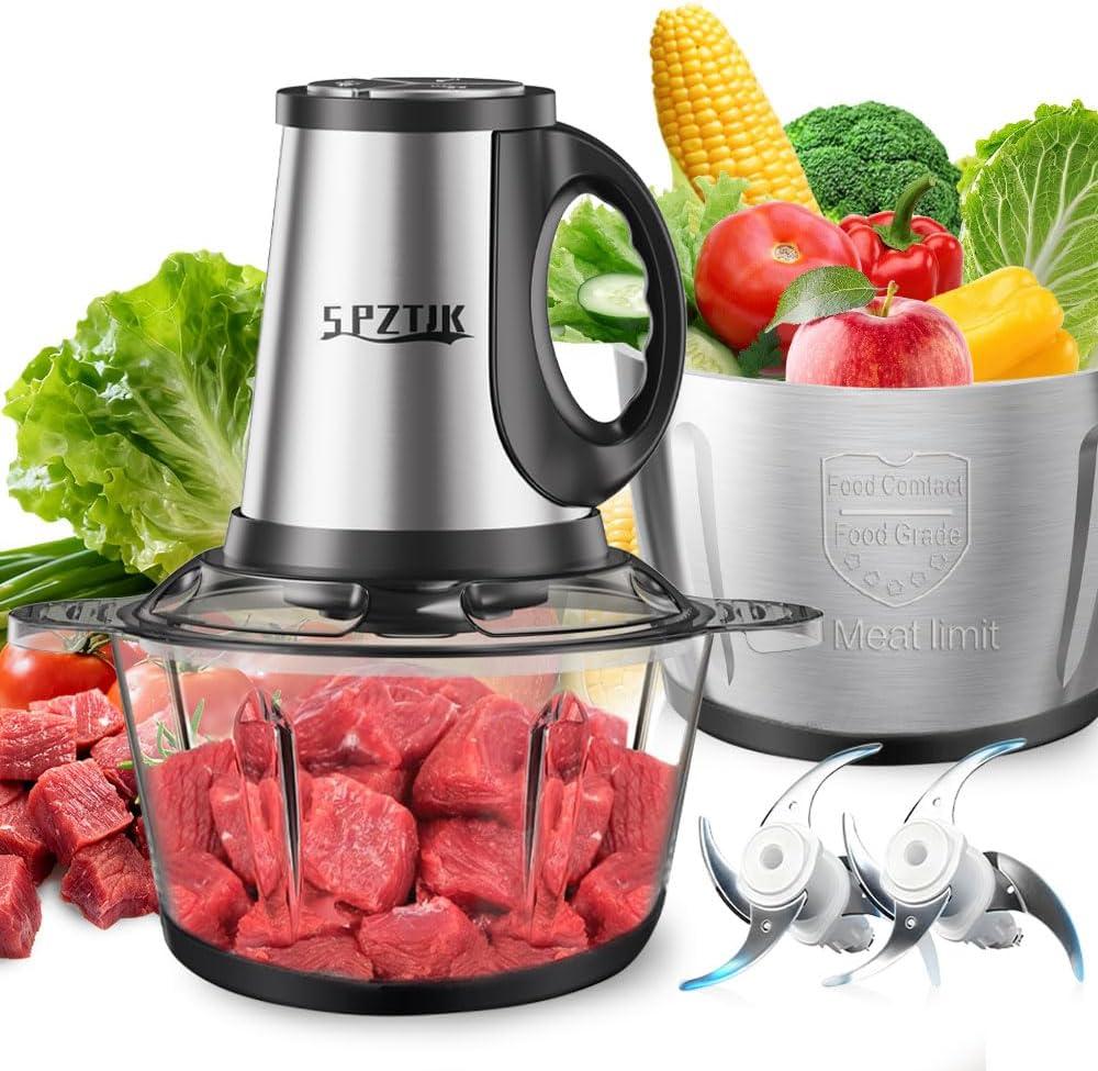3-Speed Electric Food Processor: Meat Grinder, Vegetable Chopper & Baby Food Maker - 300W, 2 Bowls (8 Cup Stainless Steel+8 Cup Glass), Quiet Operation