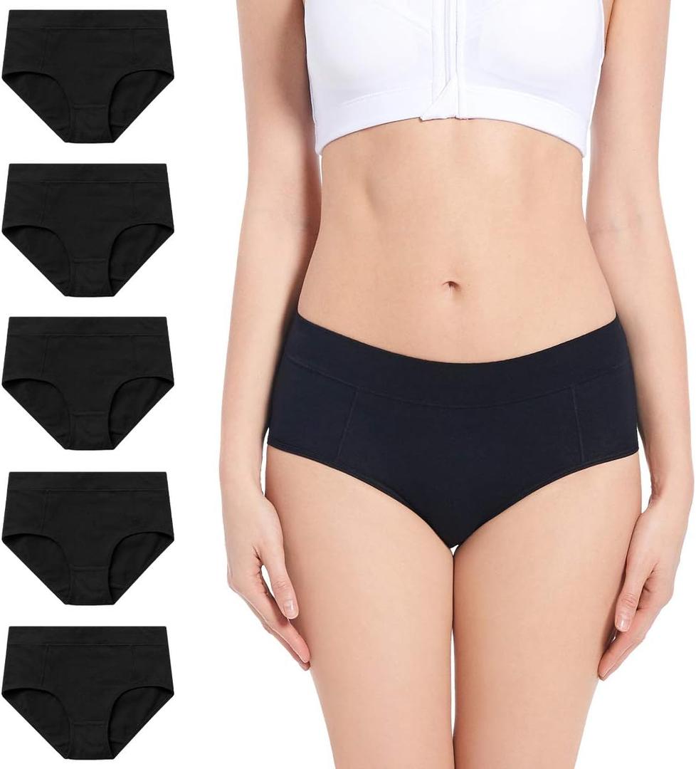 Molasus Women's Soft Cotton Briefs Ladies Mid-High Waisted Full Coverage Panties (Medium, Black-5pack)