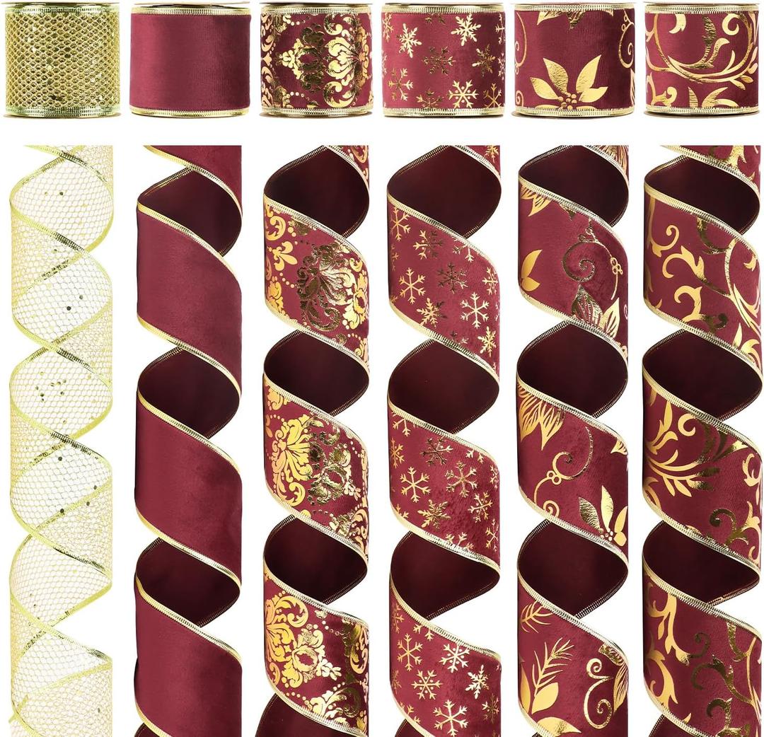 AIMUDI Burgundy Christmas Velvet Ribbon 2.5" Burgundy and Gold Wired Ribbon for Christmas Trees Wreaths Gift Wrapping Garlands Crafts Topper Bow - 6 Rolls 36 Yards