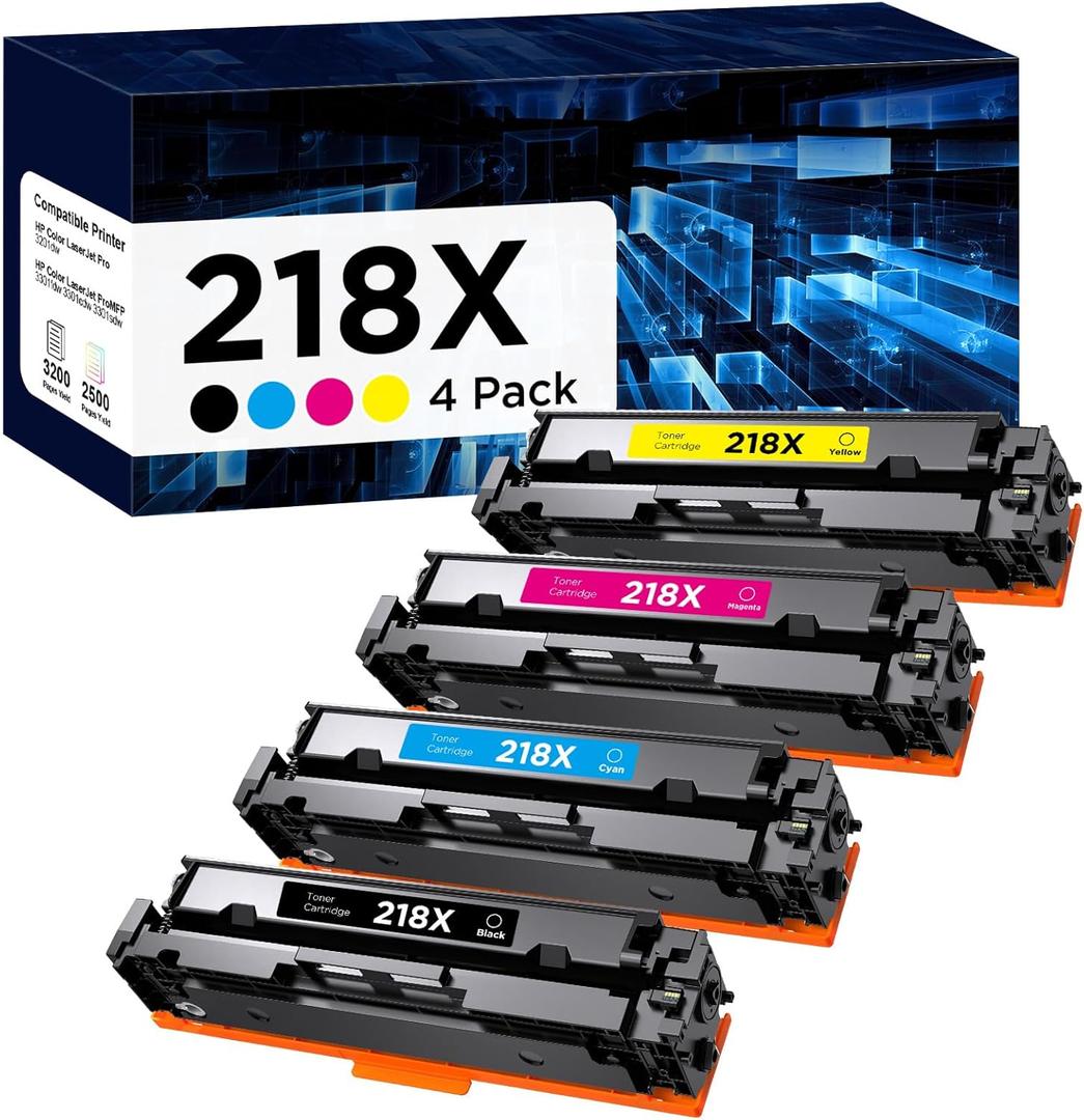 218X High Yield Toner Cartridge (No Chip) Replacement for HP 218X W2180X 218A W2180A Works with HP Color Laserjet Pro 3201DW MFP 3301FDW 3301SDW Printer (4 Pack, Black, Cyan, Yellow, Magenta)