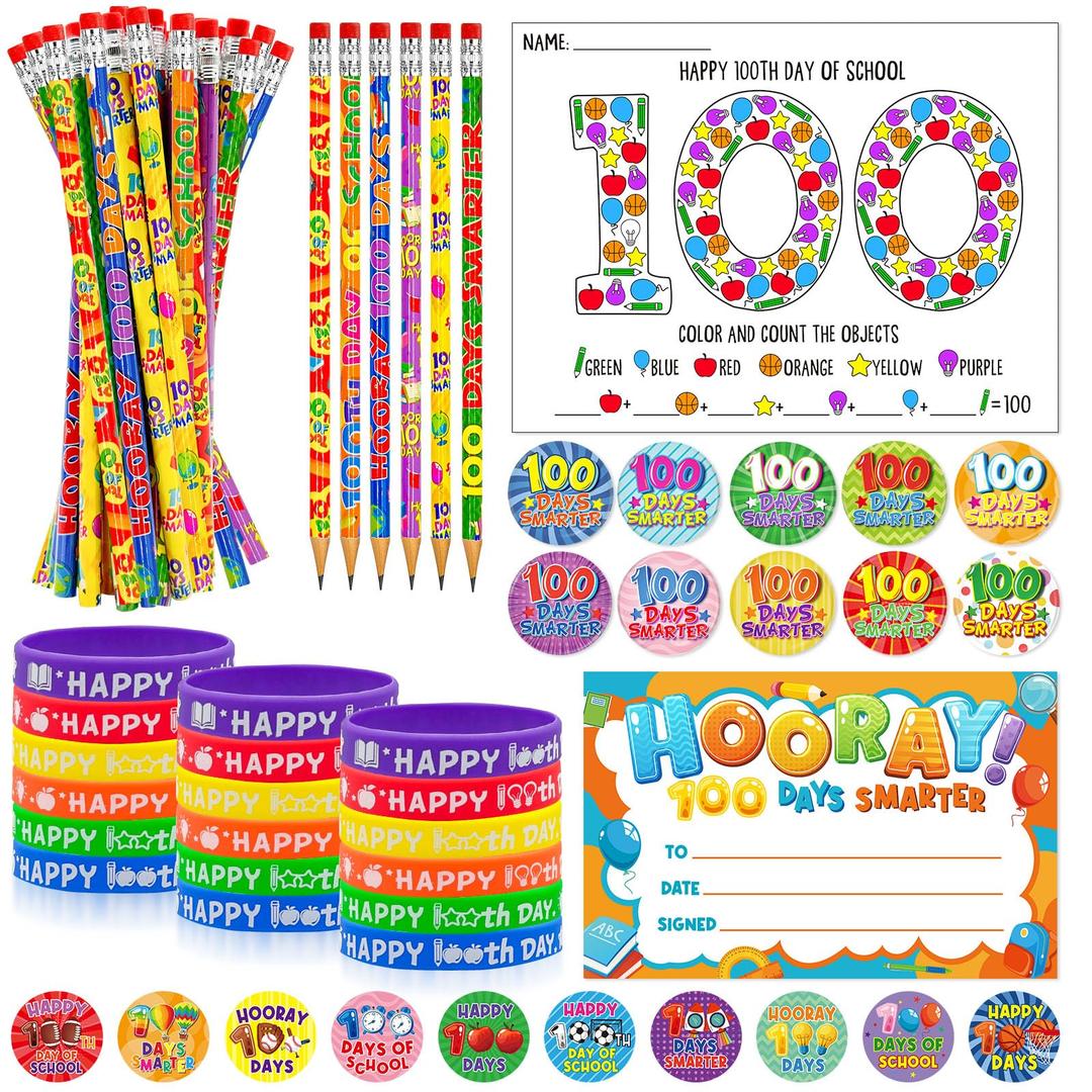 Cinrobiye 180 Pcs 100 Days of School Awards Set, Happy 100th Day Certificate of Award Rubber Bracelets Wristbands Coloring Posters Pencils 100 Days Smarter Badges Pins Stickers for School Party