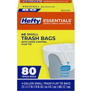 Hefty Essentials Flap Tie 4 Gallon Trash Bags, 80 Count, Small Scented Trash Bags for Bathrooms, Bedrooms, Dorm Rooms, Home Offices, and More, Fresh Linen Scent, White
