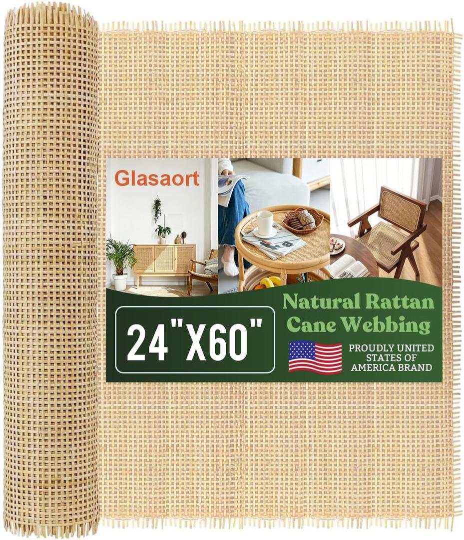 Glasaort 24" x 60" Natural Rattan Cane Webbing Roll, Cane Webbing, Rattan Fabric Roll, Chair Cane Webbing & Open Square Mesh Caning Material for DIY, Furniture Repair, Cabinets, Crafts