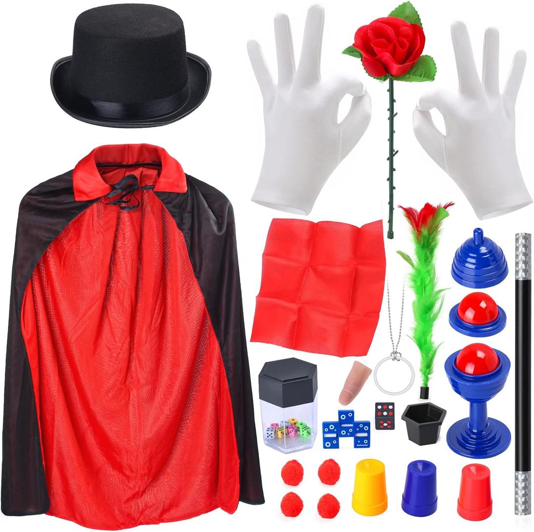 Magician Costume Accessories Pretend Play Dress Up Set Hat Cape Wand White Gloves Magic Tricks Games Toy for Kids (Black)