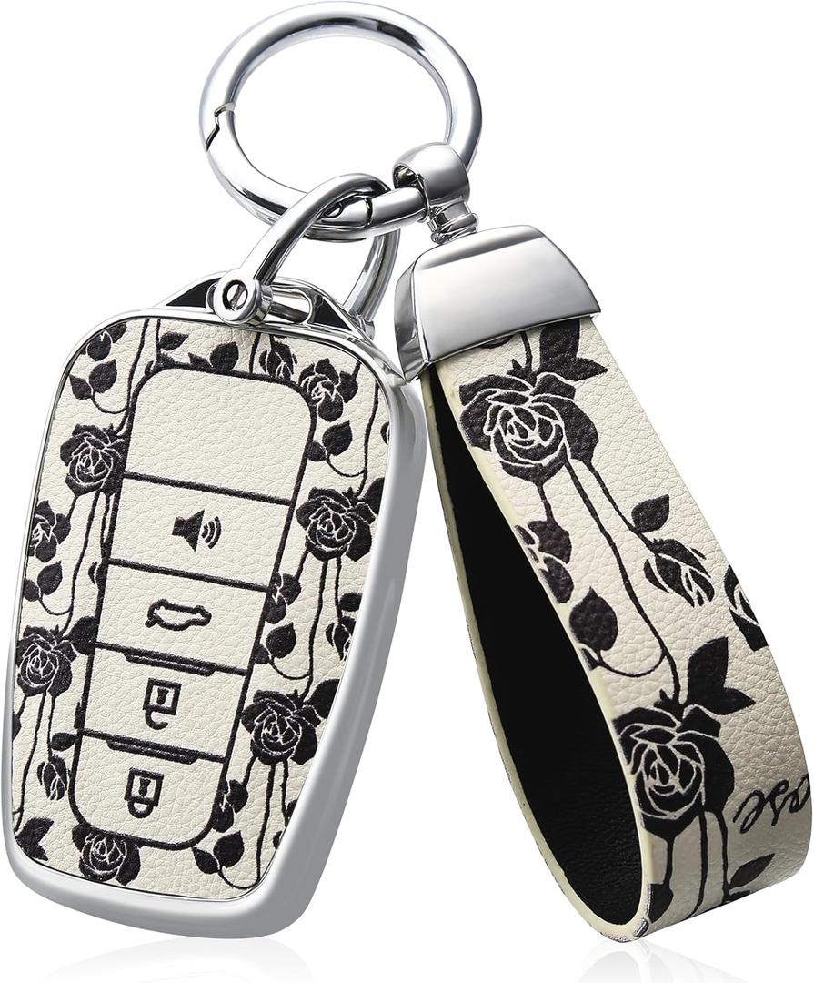 EnerCharge for Toyota Key Fob Cover with Keychain,Premium Soft TPU and Leather Key Case Protector Compatible with 2020-2022 Highlander Corolla Prius,2018-2024 RAV4 Camry Avalon C-HR GT86 (White Rose)