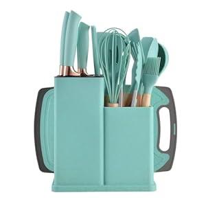 Cooking Utensils Set, 19 Kitchen Utensils Set with 11 Pieces Spatula, Heat Resistant Silicone Utensils, 6 Piece Sharp Knife Set, 2 Pieces Utensil Cutting Board (Teal 19 PCS Set)