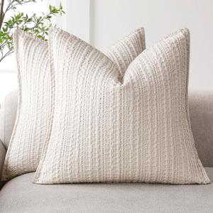ZWJD Pillow Covers 24x24 Set of 2 Soft Polyester Textured Pillow Covers with Stylish Flange Edge Cozy Farmhouse Throw Pillows for Couch Bed Sofa Living Room Beige