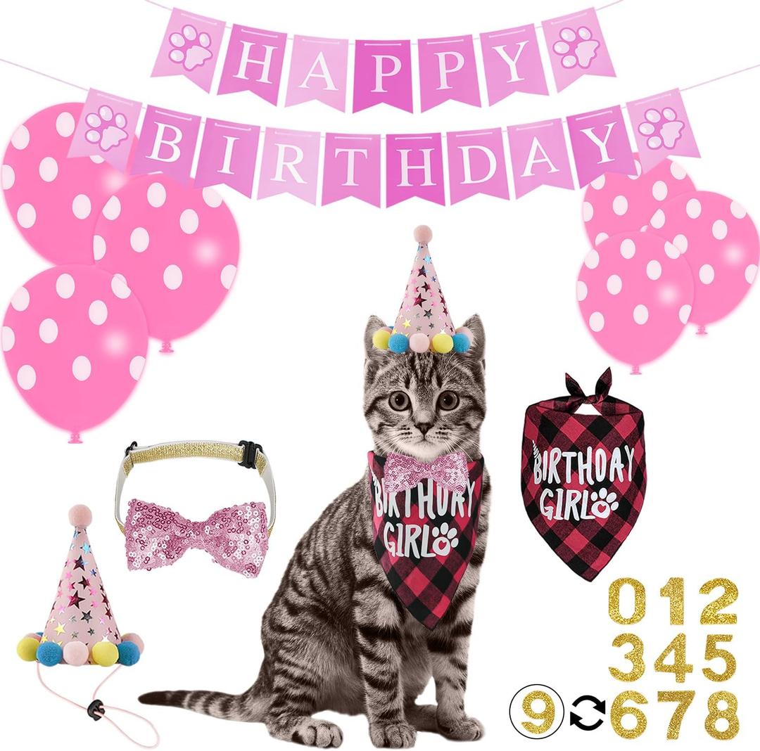 16 Pcs Cat Birthday Party Supplies, Cat Birthday Bandana with Number Hat, Banner, Bow Tie, Balloons (Pink)