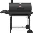 Char-Griller Pro Deluxe Charcoal Barrel Grill, EasyDump Ash Pan, Premium Front and Side Shelves with Utensil Hooks, 850 Square Inches of Cooking Space in Black, Model E2827