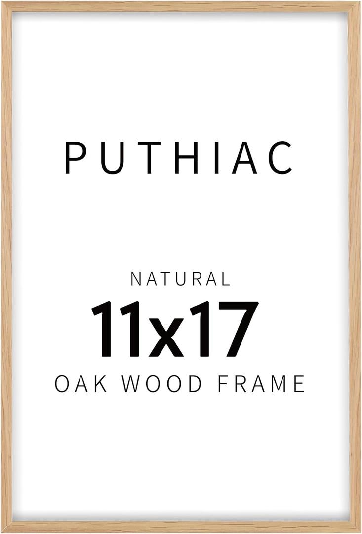 puthiac 11x17 Solid Oak Wood Picture Frame, Fits 8x12 with Mat or 11x17 Without Mat, Wall Display Only, Vertical or Horizontal, Plexi Front, 1 Pack, Natural Oak