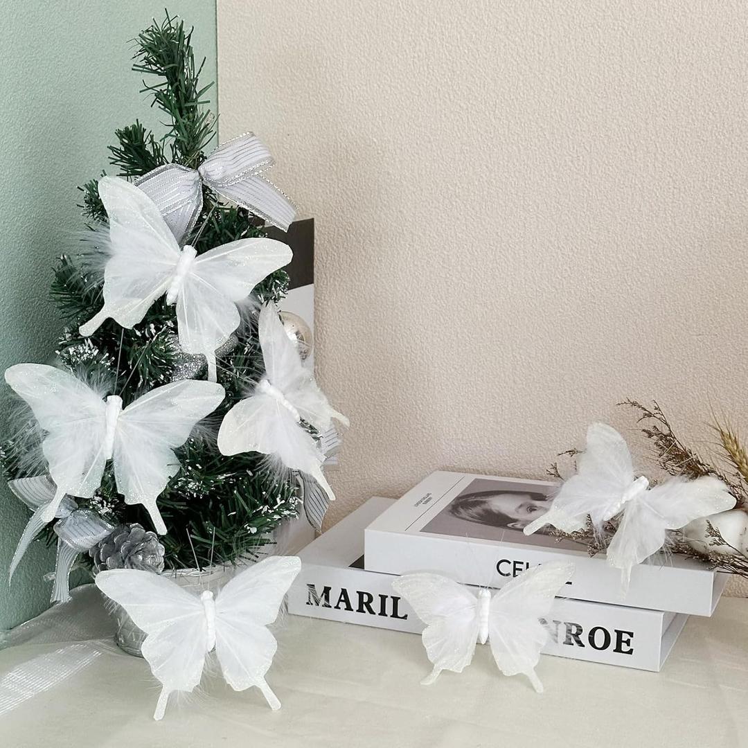 12 PCS White Feather Butterfly Glitter Butterflies Ornaments Clips on for Spring Christmas Tree Crafts Flower Bouquets Fairy Garden Wedding Home(White)