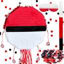 Foldable Red and White Ball Pinata Cartoon Animation Pull String Extendable Piata with Stick Blindfold Confetti for Anime Themed Fiesta Decorations Sports Team Party Video Game Nights Birthday Party