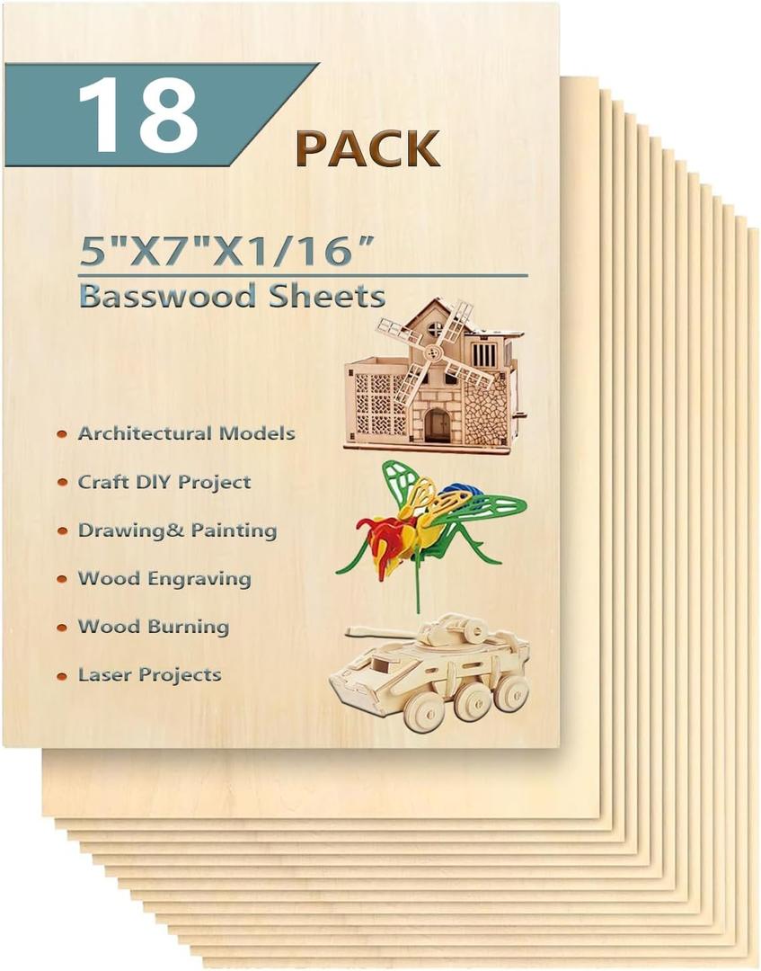 18 Pack Selected Basswood Sheets for Crafts-5 x 7 x 1/16 Inch- 1.5mm Thick Plywood Sheets - Balsa Wood Sheets -Unfinished Wood Boards for Laser Cutting, Wood Burning, Architectural Models, Staining