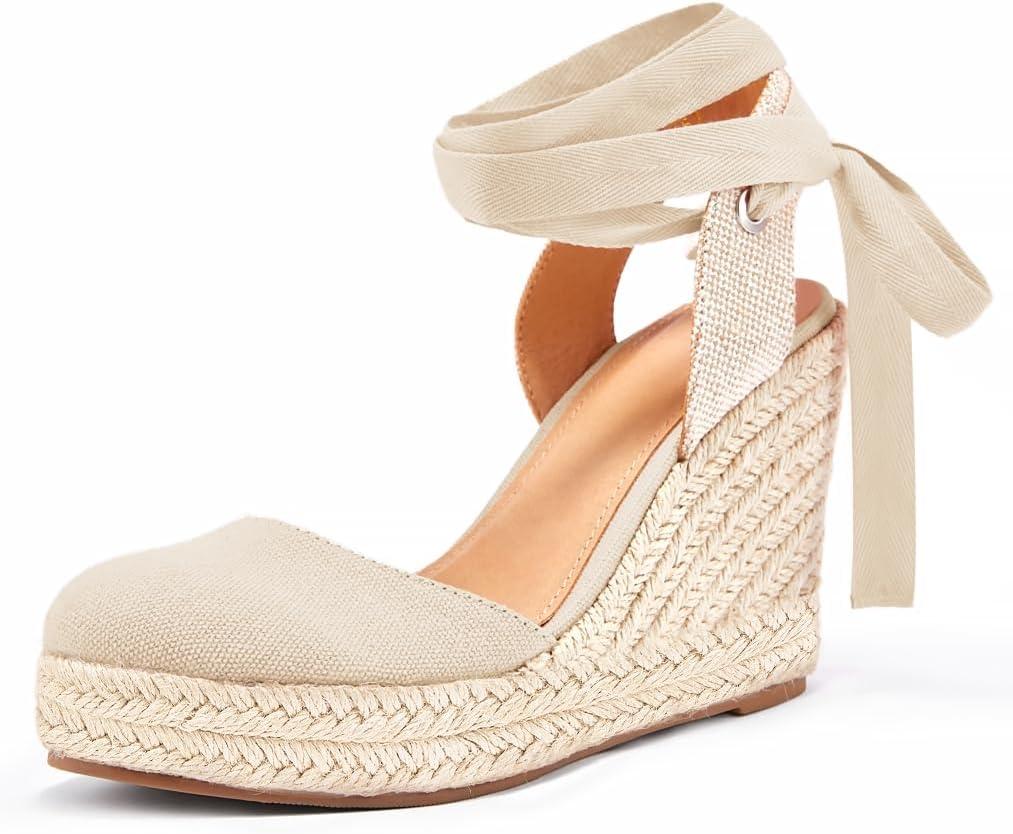 Ermonn Womens Espadrilles Wedge Sandals Platform Closed Toe Ankle Strap Lace Up Summer Shoes, Nude US 9