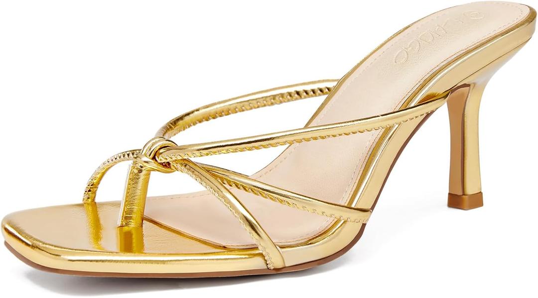 LAICIGO Womens Square Open Toe Flip Flops Stiletto Heels Strappy Thong Slide on Slingback Mules Sandals