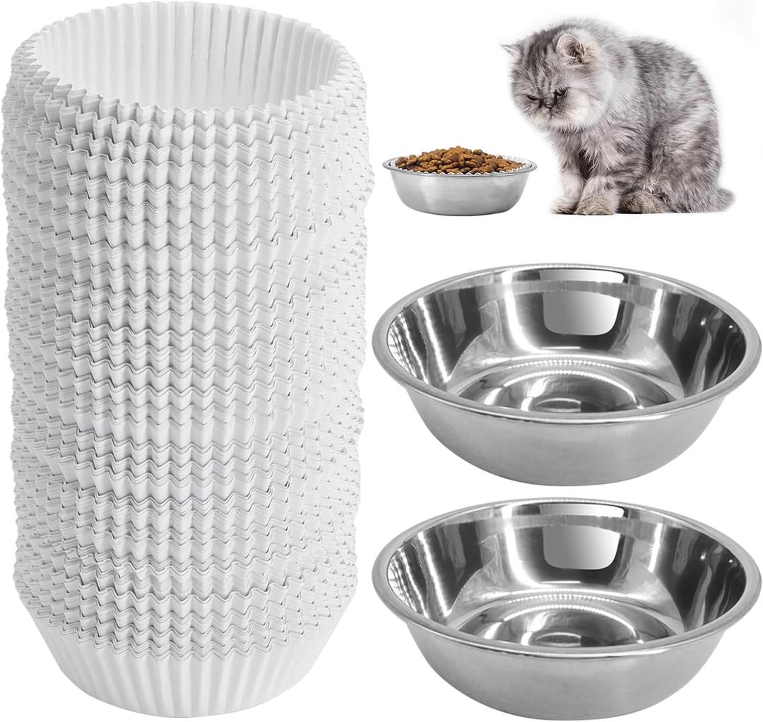 Disposable Cat Food Bowls Set, Pets Feeding Bowls Includes 300PCS Cats Food Small Paper Bowl & 2PCS Stainless Steel Bowl, Cat Plates Feedings Dish Liner Bulk for Wet Foods Cats Dogs Feeding Station