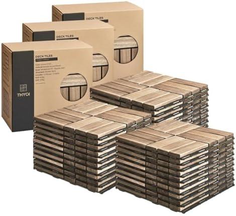 THYOI Deck Tiles, Patio Flooring - Outdoor Waterproof Acacia Wood Tiles for All Weather Use - Balcony, Backyard, Indoor & Outdoor (White Crossed Pattern, 9 Pcs - 30 Square Ft), Golden Teak Pattern