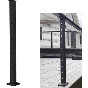 Cable Railing Post - Stainless Steel Square Fence Post for Deck Cable Railing System, Flat top 36"x 2"x2"- 10 Holes Level Pre-Drilled, Matte Black