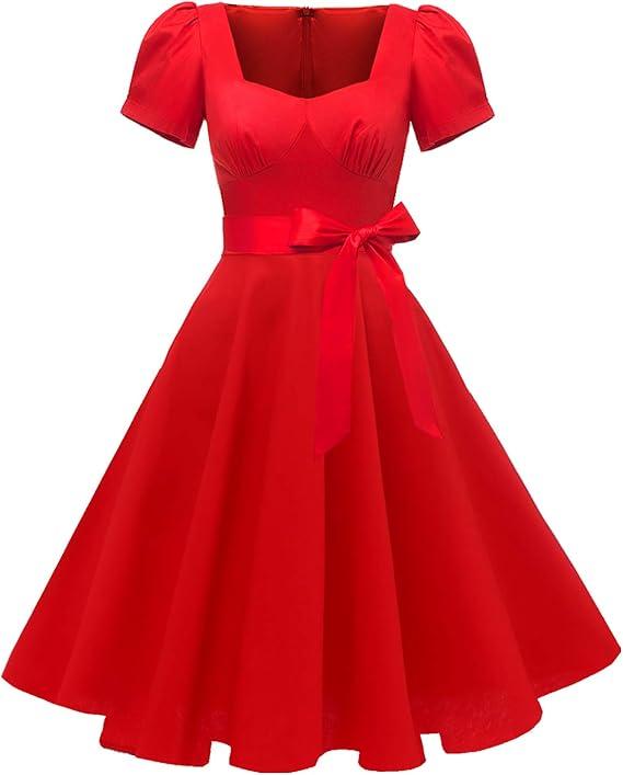 GOOBGS Women's 1950s Vintage Puff Sleeves Cocktail Rockabilly Swing Retro Dress with Pockets, M
