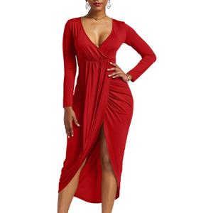 GOBLES Women's Sexy Long Sleeve V Neck Wrap Ruched Front Slit Midi Party Dress (Large, Red)
