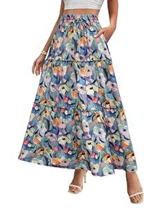 Floral Skirts for Women with Pockets Casual Flowy Skirts, Pleated High Waist Maxi Skirts Floral-67 X-Large