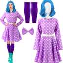 Mepase 4 Pcs Halloween Women Costume Accessories Set Purple Party Dot Dress Costume Wavy Blue Wig Purple Bow Hairpins Knee Pad for Halloween Cosplay Party Women Movie Festival