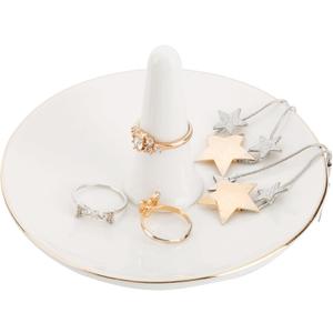 MyGift White Ceramic Ring Dish Holder, Jewelry Engagement Ring Holder, Trinket Tray with Gold Trim
