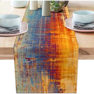 Orange and Blue Table Runner Modern Abstract Messy Rust Painting Linen Dresser Runner Vintage Farmhouse Style Table Decor for Kitchen Dining Wedding Coffee Home Party (Orange, 13"x 71")