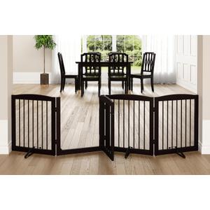 PUPETPO Freestanding Dog Gate with Door, Pet Gate for Stairs, 80 inch Wide Pet Barrier Indoor, Dog Fences Indoor, Support Feet Included, 4 Panels, 24" Tall, Dark Brown
