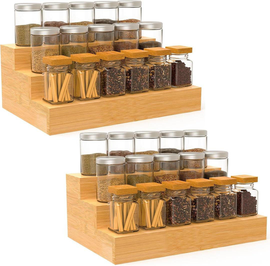 3 Tier Bamboo Spice Rack Organizer for Cabinet or Pantry, 2 Pack Wooden Spice Steps Riser for Spice Jars, Cans, and Bottles