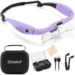 Magnifying Glass with Light, Rechargeable Magnifying Glasses 1.5X-5X Lenses, Magnify Glasses for Close Work with Carry Case, Magnifier Headset Headband Magnifier for Craft Hobby Cross Stitch (Purple)
