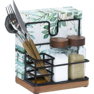 Napkin Holder for Table, Standing Napkin Holder with Salt and Pepper Shakers, Acacia Wood Base, Iron Build, for Kitchen, Dining Room, Outdoor UseIncludes Salt and Pepper Shakers