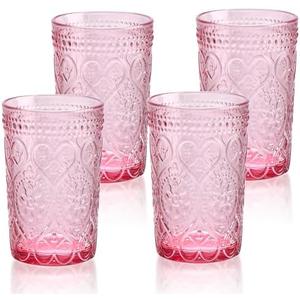 Vintage Drinking Glasses Set of 4-12 OZ Pink Embossed Old Fashioned Water Glasses Tumblers for Whisky, Beer, Juice, Beverages, Cocktail
