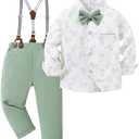 ZOEREA Toddler Baby Boy Suit Clothes Gentleman Wedding Outfits Long Sleeve Dress Shirt + Suspender Pants + Bowtie, Size 9-10T