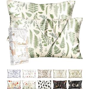 Miss Adola 2 Pack Silk Pillowcase  20x26 Inch Standard Size Silk Pillow Case with Hidden Zipper for Women Lady Smooth Soft Breathable Cute Design Pillowcase for Hair and Skin, Green Leaf