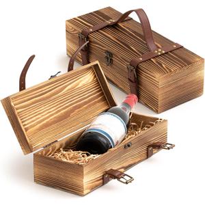 Briwooody 2 Pack Vintage Wooden Wine Gift Box - Rustic Wine Bottle Gift Case Single Bottle Holder with Leather Buckle Straps and Locking Latch for Birthday, Wedding, Anniversary, Housewarming