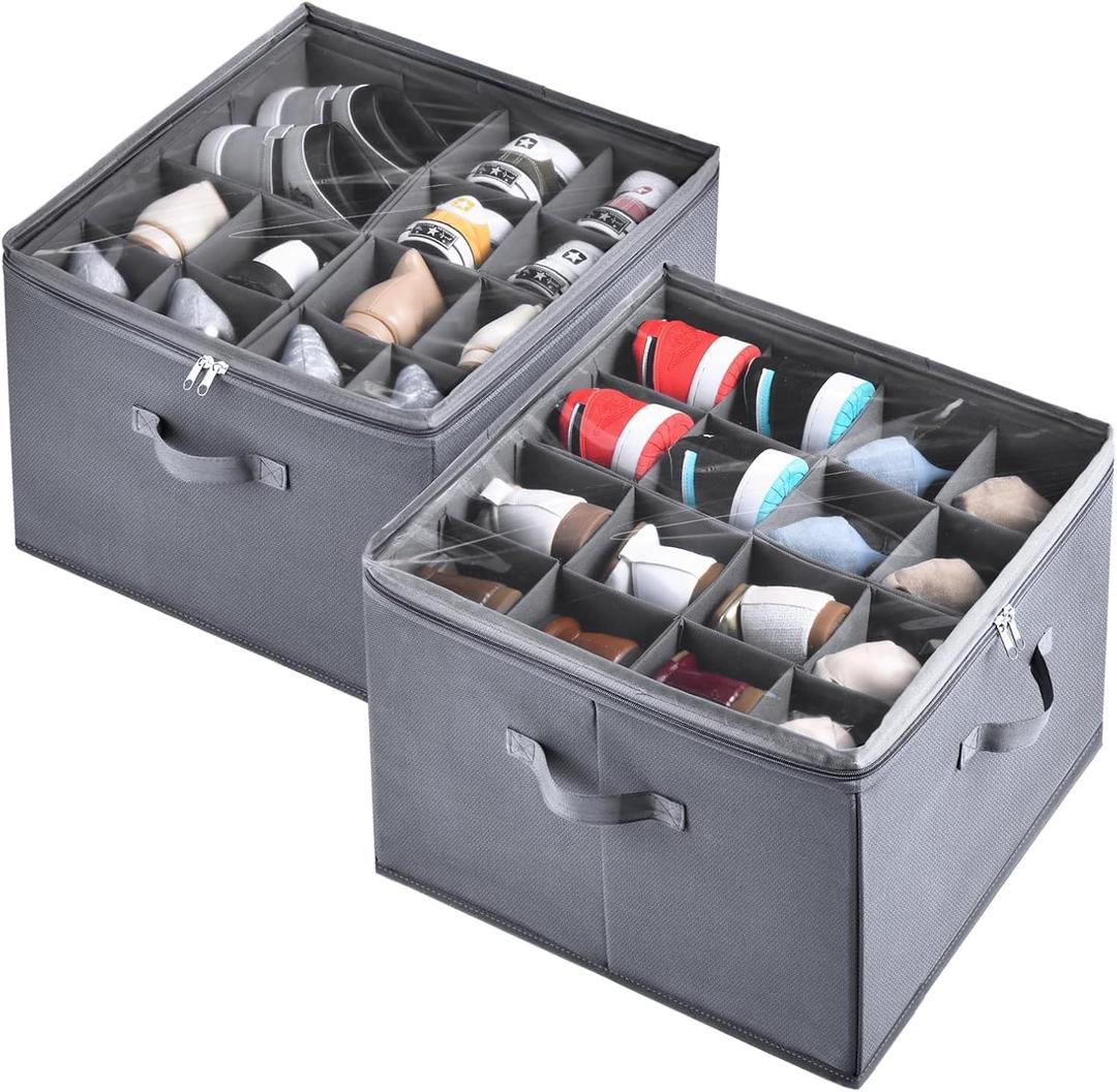 INSTY 2 Pack Shoe Organizer for Closet,Fits up to 32 Pairs,Adjustable Dividers for Shoe Storage,Fabric Shoe Storage Bins with Clear Cover,Grey